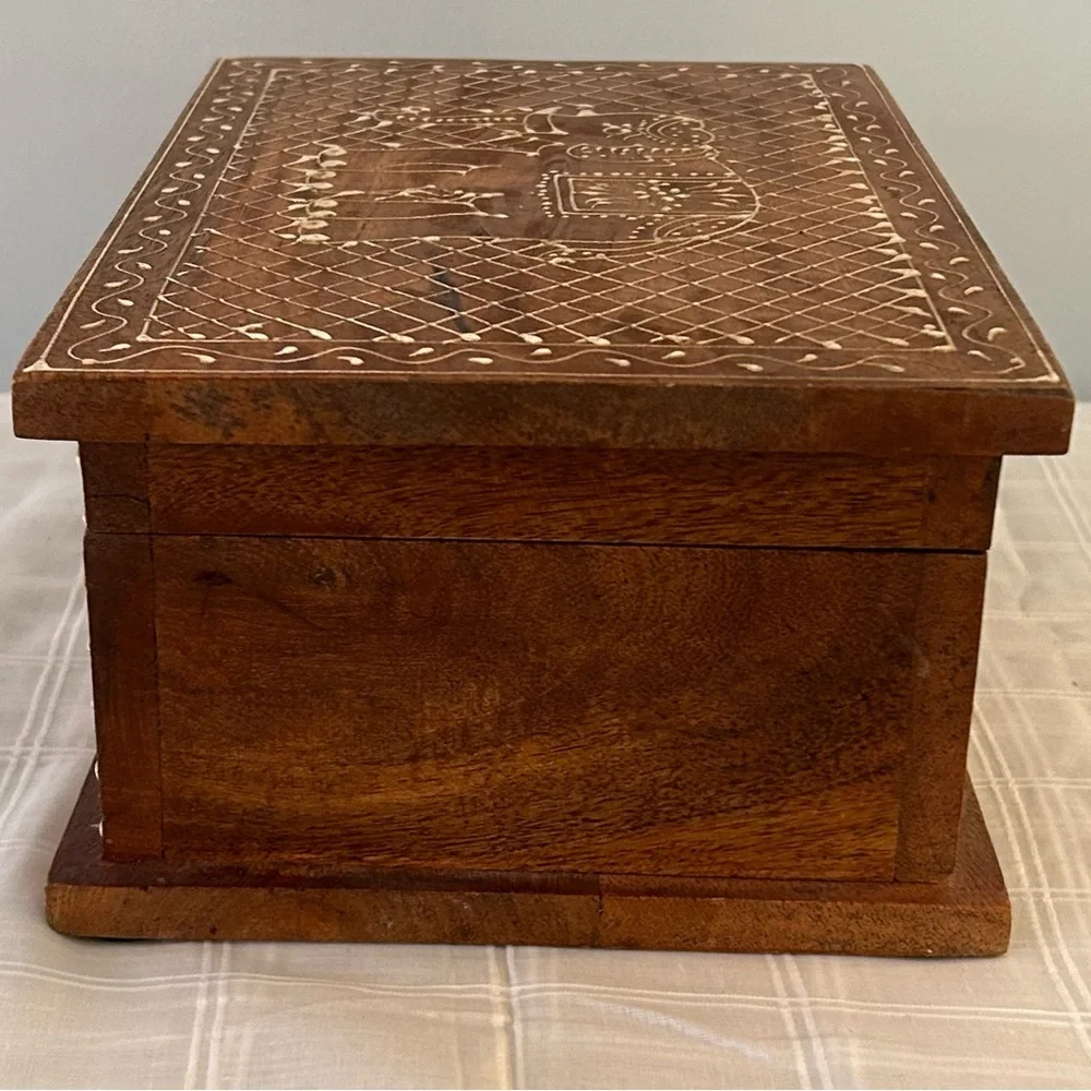 Handcrafted Wooden Jewelry Box | Brass Inlay Elephant Design | Artisan Quality